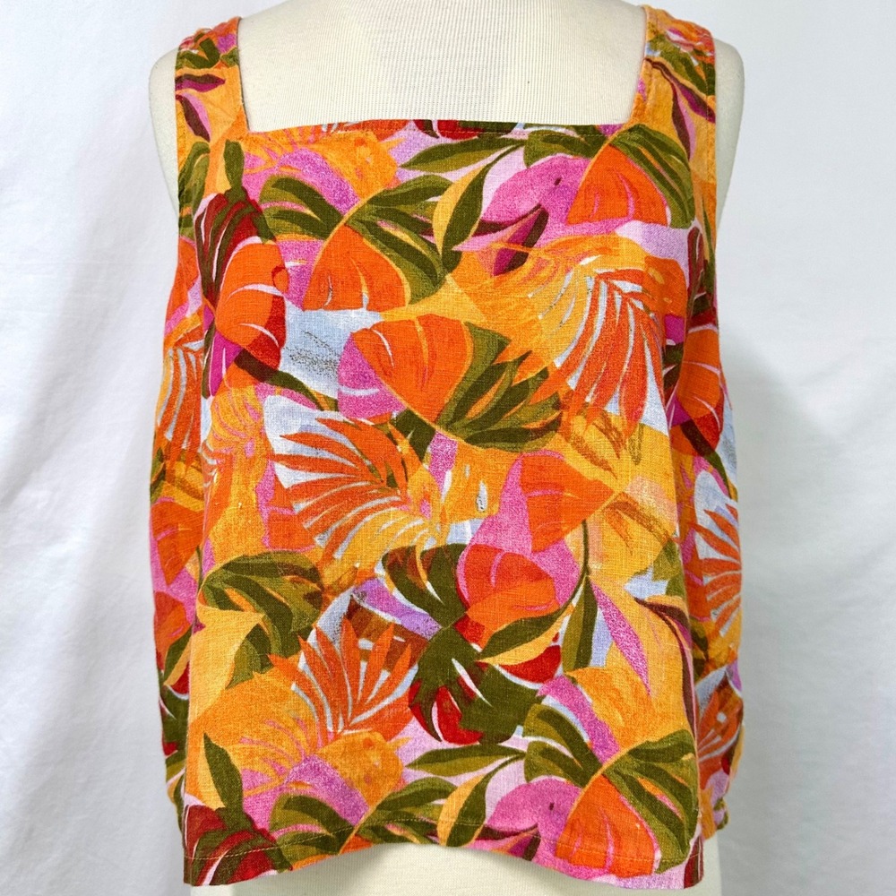 C&C California Orange Tropical Print 100% Linen Square Neck Tank Top Women's L